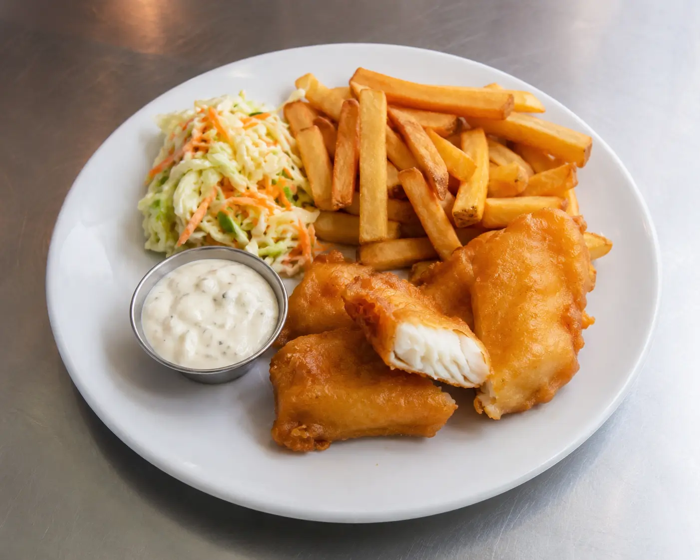 Halibut fish and chips with fries and coleslaw in London, Ontario